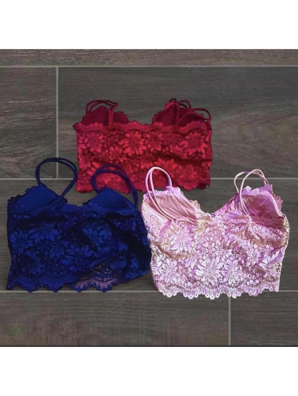 S-M 3 Pairs, Red, Blue and Tan colored laced bralettes